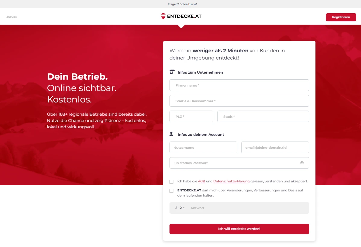 ENTDECKE.AT Sign Up Page